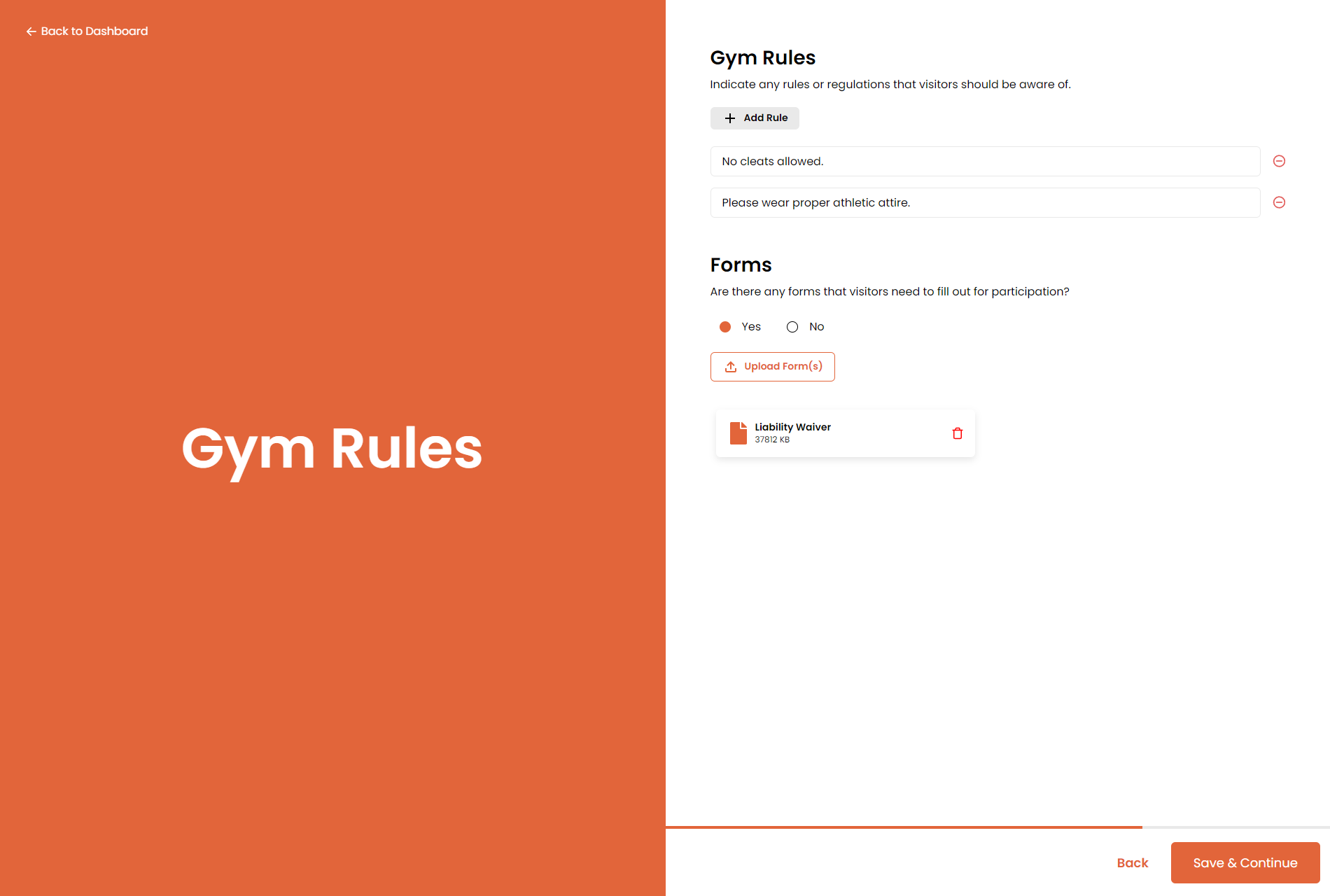 List gym rules and forms/waivers.